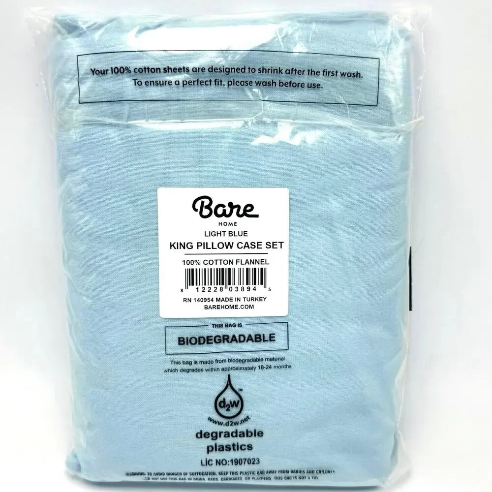 Bare Home King Pillowcases Set 2 Light Blue 100% Cotton Flannel Made in Turkey